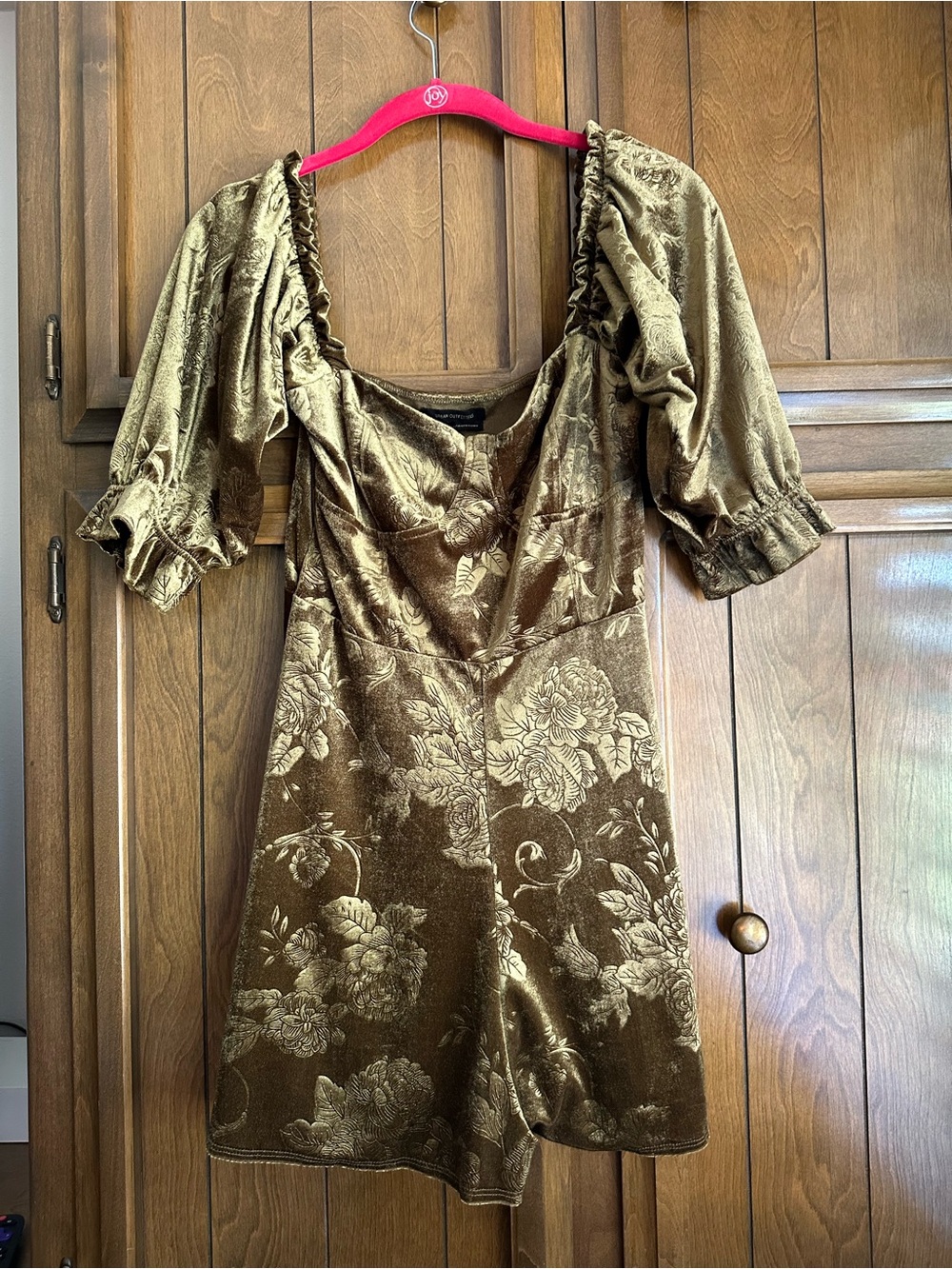 Urban Outfitters Gold Floral Velvet Puff-Sleeve Romper